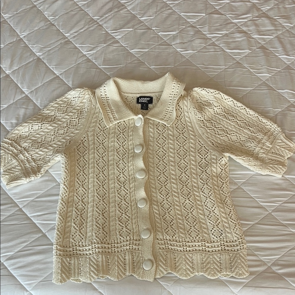 Lands' End Ivory Button-Up Cardigan